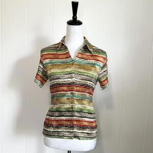Vintage Casual Corner Crinkle Collared Striped Button Up Blouse Women's Small